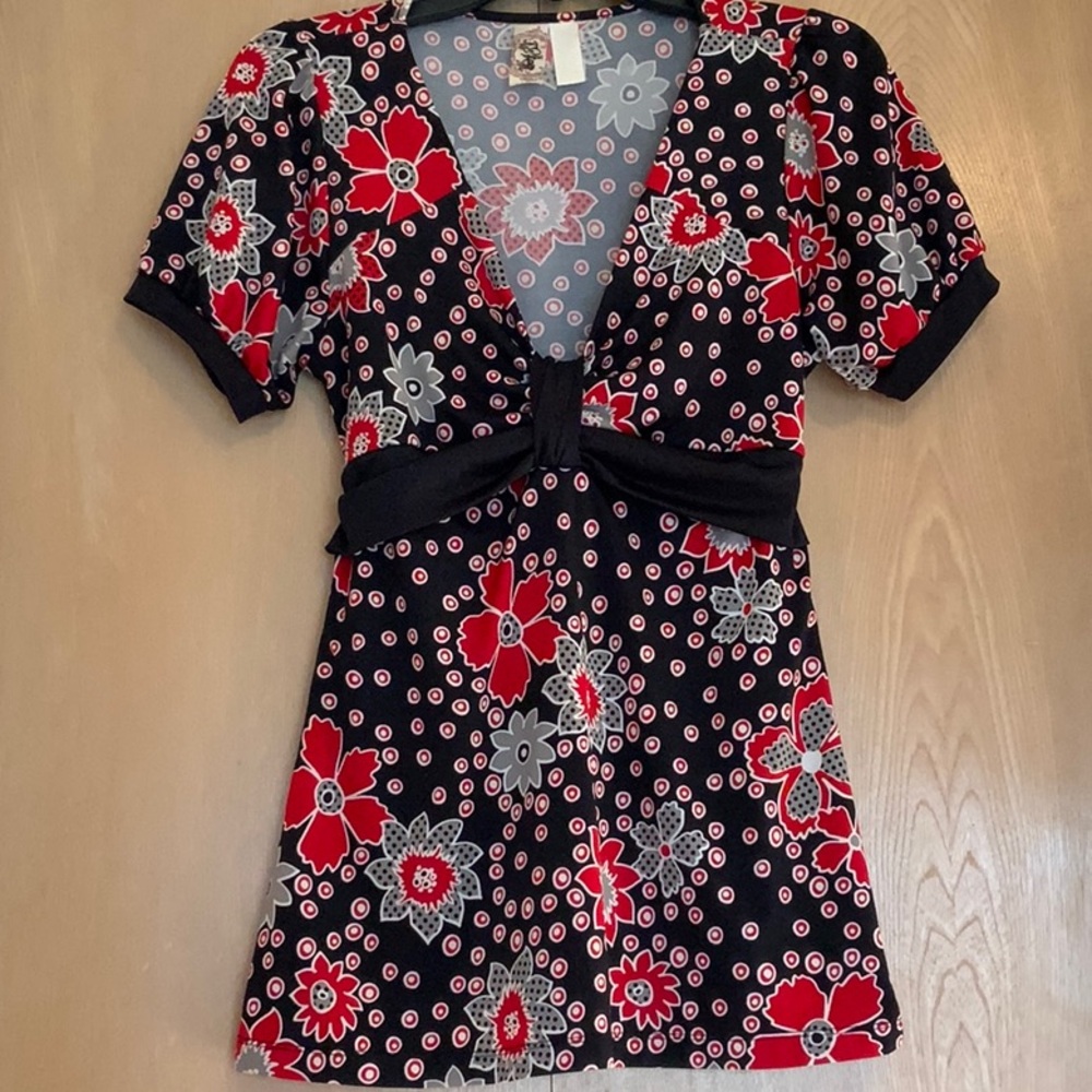 Floral Red and Black Blouse, Size Medium